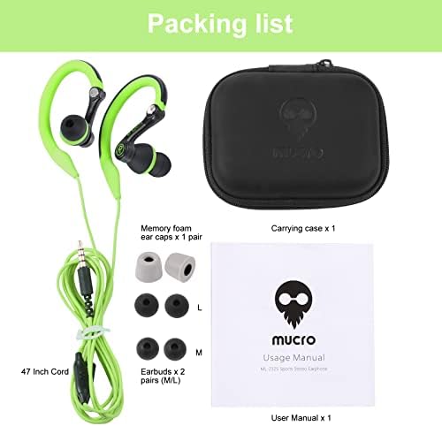 Experience Unmatched Performance with MUCRO Sports Wired Earbuds – Sweatproof Over-Ear Hook Design for Secure Fit, Enhanced Sound Quality, and Integrated Microphone for Calls – Ideal for Running, Gym Workouts, and High-Energy Activities – Compatible with 3.5 mm Jack Devices in Vibrant Green