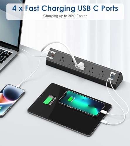 Revolutionize Your Workspace with the Desk Clamp Power Strip USB C – 75 W Total Fast Charging Hub Featuring 5 AC Outlets and 6 USB Ports, Optimized for 1.6″ Tabletop Edges – Ultimate Surge Protection for Laptops, Smartphones, and More
