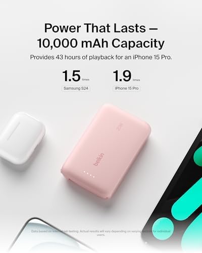 Belkin 10,000 m Ah Portable Charger – Fast Charge Power Bank with Integrated Cable for i Phone 16, i Pad Pro, Galaxy S25 – 20 W USB-C Power Delivery – Lightweight Pink Design for Ultimate Portability and Versatile Compatibility