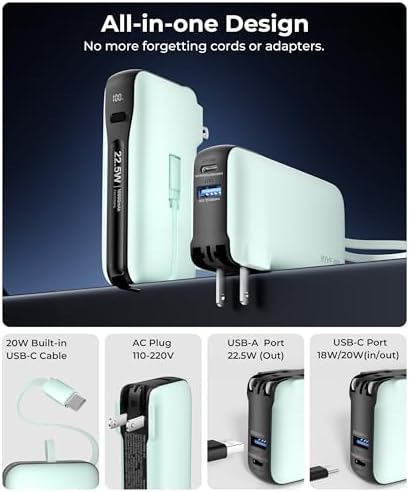 Ultimate 10,000 m Ah Portable Charger with Built-in USB-C Cable & Plug – Fast 22.5 W Power Bank for Seamless Charging of i Phone 16/15, Samsung Galaxy & i Pad – Compact Travel Essential with Triple Output Ports for Maximum Device Compatibility