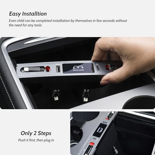 Revolutionize Your Tesla with the Dual USB C Charging Hub for Model 3/Y (2024-2021) – 27 W Fast Charger for i Phone 15 and USB C Devices, Retractable Design for Effortless Storage, Sleek Silver Gray Finish, Essential Accessory for Modern Tesla Owners