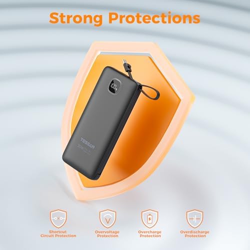 TESSAN 10,000 m Ah Portable Charger with Built-In Cables and Fast 20 W Charging – Compact Power Bank with Foldable Wall Plug for i Phone 16/15, Samsung, and Tablets – Essential Travel Companion for Uninterrupted Device Power