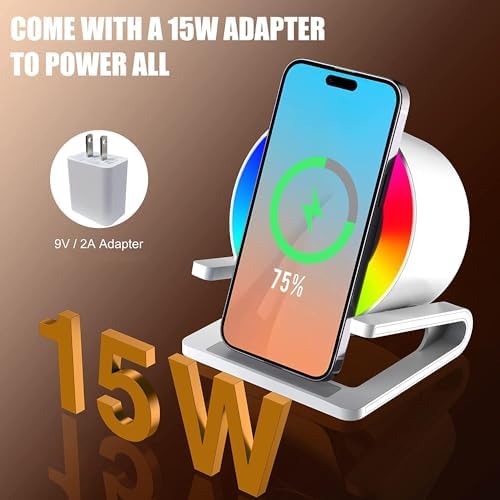 Multifunctional Wireless Charger Station with Premium Bluetooth Speaker and Adjustable LED Ambient Lighting – Fast Charging for i Phone 15, 14, 13, 12, 11, X Pro Max – Elevate Your Audio and Charging Experience in Style