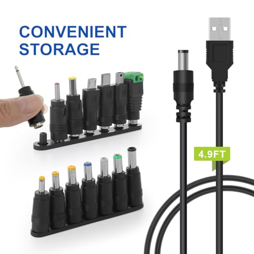 LANMU USB to DC Power Cable, DC 5V Power Cord 5.5 2.1mm Jack Charging Cable with 14 Interchangeable Plugs Addapters for 5V Devices – Enhanced Compatibility and Speed
