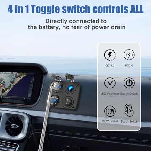 Transform Your Charging Experience with the 12 Volt USB Outlet RV Accessory – Dual PD30 W & QC18 W Ports, 150 W Cigarette Lighter Socket, Integrated Blue LED Voltmeter, and Rocker Switch for Seamless Operation – Durable Aluminum 4 IN 1 DIY Kit for RV and Marine Adventures