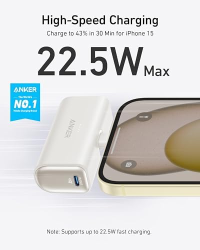 ANKER i Phone 16 Nano Power Bank – 5,000 m Ah Portable Charger with Built-in USB-C Connector for Fast Charging – Compatible with i Phone 16/15, Samsung S22/S23, i Pad Pro/Air, Air Pods & More – Ultra-Compact Design for On-the-Go Power Solutions
