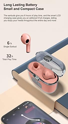 Sleek Pink Bluetooth 5.2 Earbuds – Waterproof IPX7 Wireless Headphones with USB-C Charging Case and LCD Battery Display, Hands-Free Microphone for Enhanced Audio on Android & i OS Devices