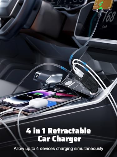 Celestial Power: 4-in-1 Starlight Retractable Car Charger with Fast Dual USB Ports – Compatible with i Phone 15/14/13 – Innovative Tangle-Free Charging Solution for Enhanced Portability and Style