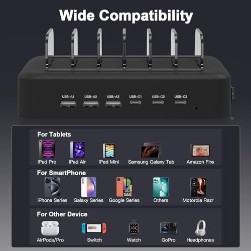 MSTJRY 90 W 6-Port USB C Fast Charging Station – Multi-Device Power Hub with Adjustable Organizers for i Phone, i Pad, Tablets & More – High-Speed PD Charger Dock for Home, Office & Classroom Efficiency