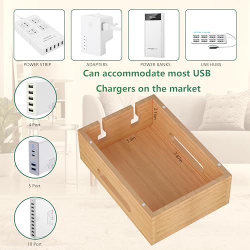 Eco-Friendly Bamboo Charging Station: 5-Port USB Docking Hub with 6 Cables for Multi-Device Organization – Stylish Wood Charger for Cell Phones, Tablets, Earphones, and Smartwatches – Streamlined Power Solution for Home and Office