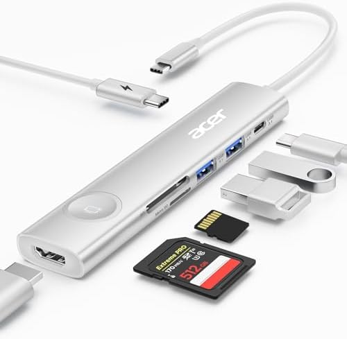 Transform Your Workspace with the Acer 7-in-1 USB-C to HDMI Multiport Adapter – Experience 4 K@60 Hz Visuals, 100 W Fast Charging, and Versatile Connectivity for Mac Book Pro/Air, i Pad, and i Phone 15/16 – Sleek Grey Design for Enhanced Productivity and Efficiency