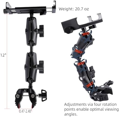 Versatile Aluminum Dual Arm Tablet Holder with Super Clamp for 0.5” to 2” Rails – Ideal Side Mount for i Pad Pro, Galaxy Tab, and Other 4.7-12.9″ Devices – Effortless Setup and Secure Positioning for Musicians and Presenters