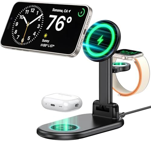 Magnetic 3-in-1 Wireless Charging Station for i Phone 12/13/14/15/16, Fast 15 W Foldable Charger for Apple Watch & Air Pods – Portable Multi-Device Power Hub in Sleek White Finish for Travel Convenience & Enhanced Compatibility