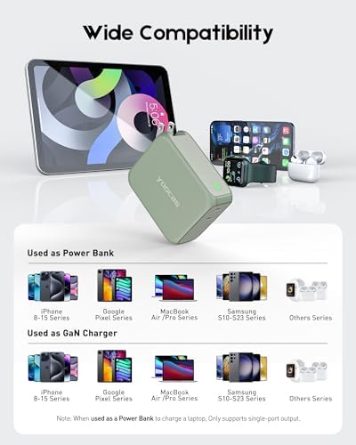 2-in-1 Hybrid Power Bank & Ga N Charger | 5000 m Ah Portable Fast Charging Solution | 20 W USB-C Dual Ports for Mac Book, Dell, i Phone, Samsung, Switch | Stylish Lake Azure & Goose Yellow Design | Ultimate Device Compatibility & Efficiency