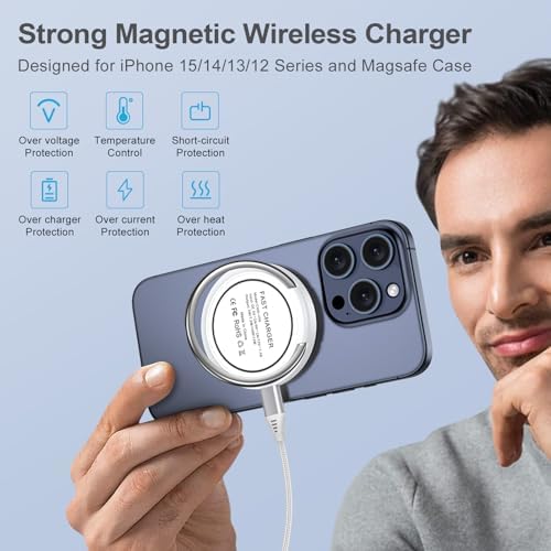 Samsung S24 Plus Fast Wireless Charger Pad – 15 W Magnetic Charging Station for Galaxy S24 Ultra, S23, S22, S21, Google Pixel 8/7/6 & i Phone 15/14/13/12 – Enhanced Compatibility with Mag Safe Technology for Quick, Safe Charging at Home or Office