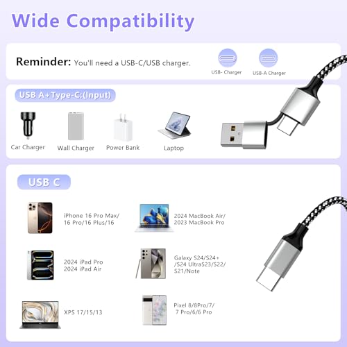 20 FT Extra Long Nylon Braided USB-C Charger Cable for i Phone 15/16 – 3-in-1 60 W Fast Charging Data Cord Compatible with i Pad Pro, Android, Samsung, and Pixel – Ultimate Durability and Flexibility for All Devices