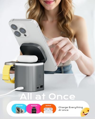 Ultimate 3-in-1 Magnetic Wireless Charging Station for i Phone, Apple Watch & Air Pods – Fast 65 W Travel Charger with Mag Safe Compatibility, Compact Design for Effortless Portability and Seamless Device Management