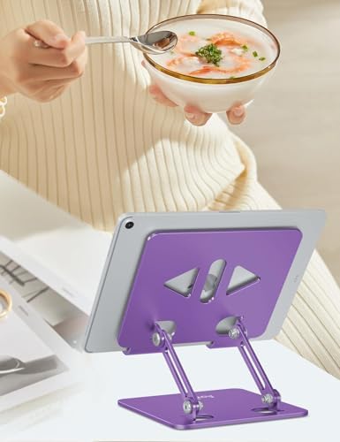 Versatile Adjustable Aluminum Tablet Stand Holder – Foldable and Lightweight Desktop Mount for i Pad Pro 12.9, i Pad Air, Mini, Samsung Galaxy Tabs, and Kindle Fire (4-12 inch) – Enhanced Stability and Comfort for Optimal Viewing Experience in Purple