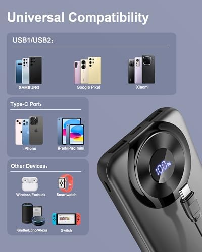 High-Capacity 10000 m Ah USB-C Power Bank with 22.5 W Fast Charging – Travel-Ready Portable Charger Featuring Built-in Cables, Triple Output Ports & HD LED Display for Efficient Device Charging on the Go