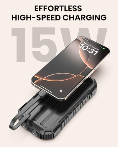 Hiluckey 27,000 m Ah Solar Power Bank with Built-in Cables – Ultra-Fast 15 W Outdoor Battery Pack for i Phone & Android – Charge 5 Devices at Once with Dual USB-A & USB-C Ports – Perfect for Camping, Travel, and Emergency Power Needs – Dual LED Flashlight for Enhanced Versatility and Safety