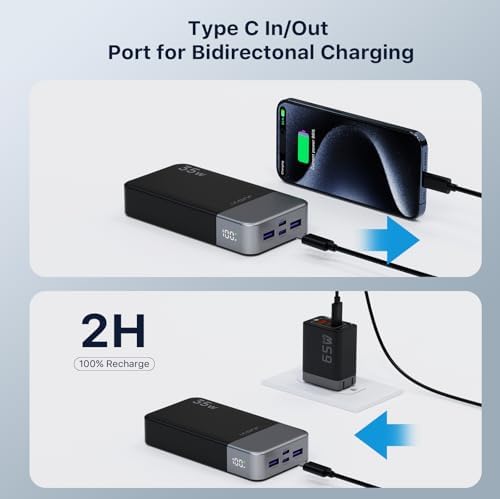 High-Speed 35 W USB-C Portable Charger – 20,000 m Ah Power Bank with QC4.0 & PD3.0 for Rapid Charging of Mobile Phones, Tablets, & Bluetooth Devices – Ultimate Compatibility & Convenience in Sleek Blue Design