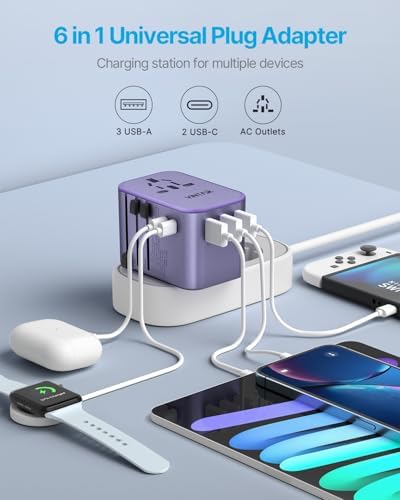 VINTAR Universal Travel Adapter: All-in-One Power Converter with 6 A Output, 3 USB-C and 2 USB Ports for Fast Global Charging Across Europe, UK, USA, and Australia – Essential Travel Accessory for Effortless Device Connectivity and Safety Features