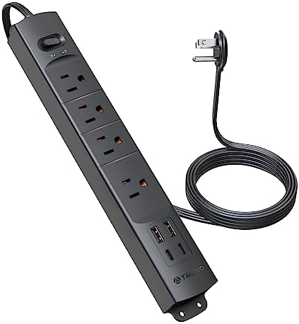 Ultra-Slim TROND Surge Protector Power Strip with 3 USB Ports & Type C – 4 AC Outlets for Maximum Device Protection & Charging Speed – 1440 J Surge Defense, ETL Listed, Space-Saving Wall Mount Design for Home Office & Dorm Use – Versatile Power Management Solution in Elegant Black