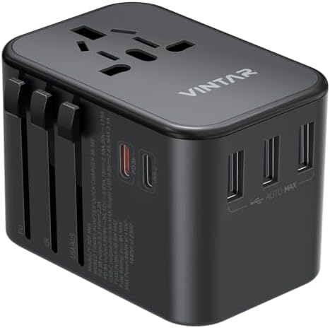 VINTAR Universal Travel Adapter: All-in-One Power Converter with 6 A Output, 3 USB-C and 2 USB Ports for Fast Global Charging Across Europe, UK, USA, and Australia – Essential Travel Accessory for Effortless Device Connectivity and Safety Features