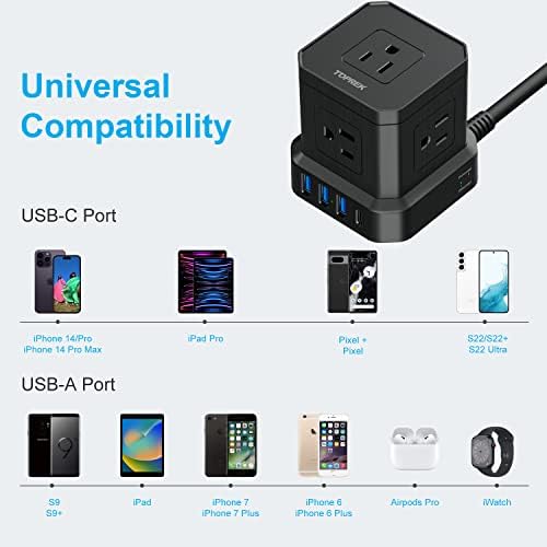 TOPREK 10 FT Power Strip with USB-C Fast Charging (3.0 A) – 5 AC Outlets & 4 USB Ports Surge Protector for Home, Office & Travel – Compact Desk Charging Station with Enhanced Surge Protection (700 J) for All Devices