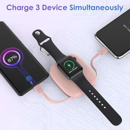 Compact 5000 m Ah Portable Charger with Built-in Cable – Keychain Power Bank for Apple Watch and i Phone – Fast Wireless Charging for Apple Watch 9/Ultra2/8/7/6/SE/5/4/3, Compatible with i Phone 15/14/13/12/11 & Android Devices – Ultimate Travel Accessory for On-the-Go Power