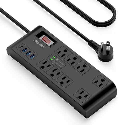 BESTEK 8-Outlet Power Strip with 5-Foot Extension Cord: Multi-Port USB Charging Hub Featuring 3 USB-A (2.4 A) & 1 USB-C (3 A) | 1625 W Max Output with 600 Joule Surge Protection for Enhanced Device Safety | Ultra-Compact Design for Home & Office Efficiency