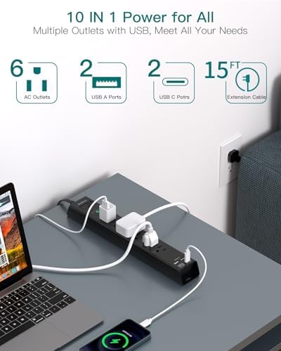 Ultimate Surge Protector Power Strip – Versatile 6-Outlet Extension Cord with 4 USB Ports (2 USB-C) and Flat Plug Design for Space Saving, Overload Protection, and Wall Mount Capability – 5 ft Length for Home, Office, or Dorm Room Efficiency and Safety