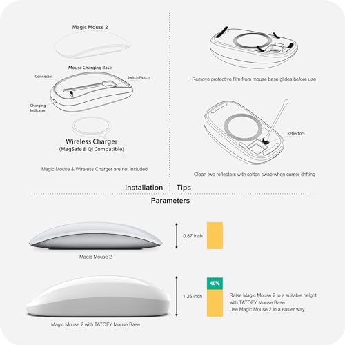 TATOFY Wireless Charger for Magic Mouse 2 – Ergonomic Design with Lightning Compatibility, Fast Charging Base, and Sleek White Finish for Ultimate Comfort and Efficiency in Your Workspace