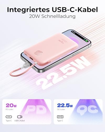 Slim Pink Portable Charger 10000 m Ah – USB-C Power Bank with Built-in Cable & LED Display for Fast Charging – Travel-Friendly Battery Pack Compatible with i Phone 16, 15, Samsung S24, S23 – Ultimate Convenience & Style
