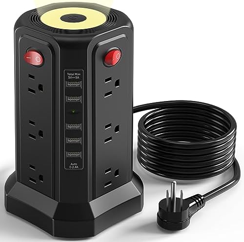 PASSUS Surge Protector Power Strip Tower with 12 AC Outlets and 5 High-Speed USB Ports – 10 FT Extension Cord with Overload Protection and Built-In Night Light for Home Office and Dorm Room – Sleek Black Design for Ultimate Charging Efficiency