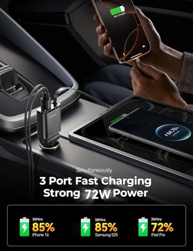 Ultra-Compact 72 W Retractable Car Charger – PD 45 W Fast Charging for i Phone 15/16, Samsung S25/S24 & Pixel – Space-Saving USB C Adapter for Convenient On-the-Go Power Solutions