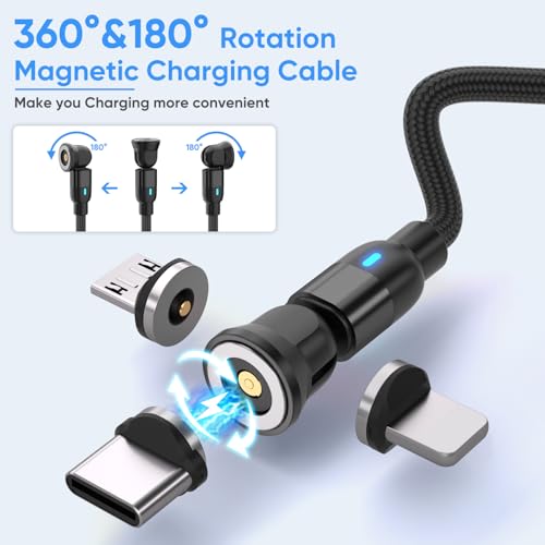 Ultimate 7-Pack 540 Rotating Magnetic Charging Cable Set – Versatile 3-in-1 Nylon Braided USB Cables for i Phone, Micro USB, and Type C Devices – Multiple Lengths (1.6 ft, 3 ft, 6 ft, 10 ft) for Effortless Charging and Enhanced Durability – Perfect Solution for Modern Charging Needs