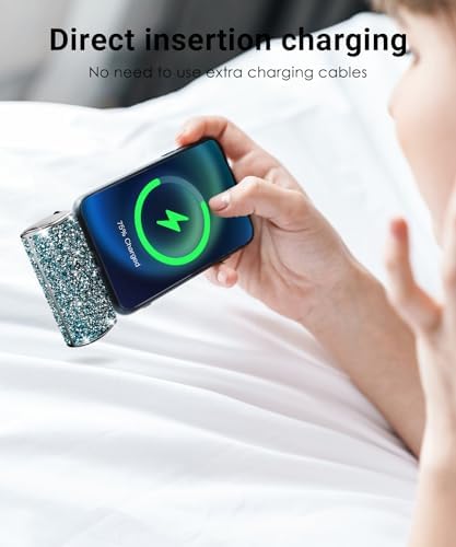 Bling Small Portable Charger: 6800 m Ah Ultra-Compact Power Bank with Fast 5 V/3.1 A Charging, Built-in i OS Connector for i Phone 14 to 5 Series, Trendy Blue Shimmer Finish with Convenient Flashlight – Perfect for On-the-Go Charging and Everyday Emergencies