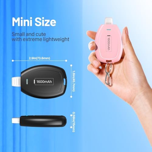 Compact Keychain Power Bank Duo: 1600 m Ah Emergency Charger for i Phone 8, 11, 12, 14 & Air Pods – Ultra-Portable Mini External Battery Pack in Stylish Blue & Pink – Fast Charging & Enhanced Compatibility for On-the-Go Power Solutions