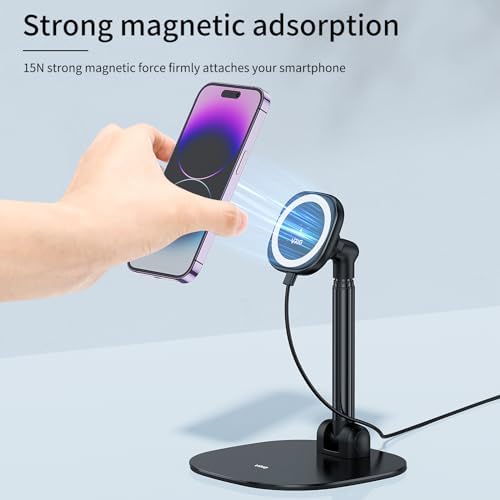 VRIG Magnetic Desk Phone Stand for Office/Home, 360°Rotation Wireless Charger Phone Holder with Magnetic Ring Height&Tilt, Adjustable Cell Phone Stand for iPhone 16 15 14 13 12 and More/Android – Enhanced Compatibility and Speed