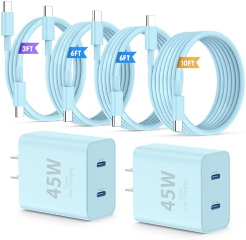 Ultimate Fast Charging Solution for i Phone 16/15 Pro Max – 45 W Dual Port USB-C Charger Block (2-Pack) with Extra Long 60 W Cables – PD Quick Adapter 3.0 for Enhanced Device Compatibility and Speed – Perfect for Home or On-the-Go Charging