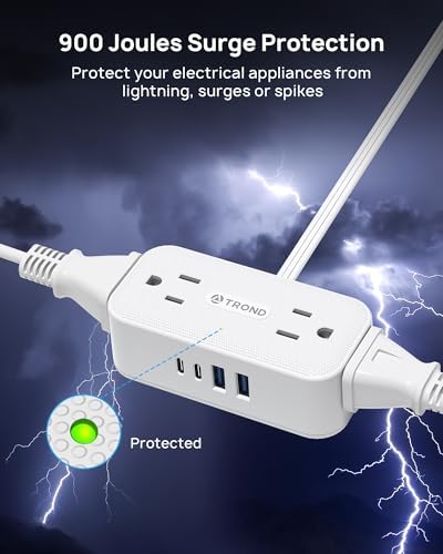 TROND 360° Rotating Flat Plug Power Strip with 5 FT Cord – 4 USB Charging Ports & 4 Wide-Spaced AC Outlets – Wall-Mountable Surge Protector for Office, Dorm, and Travel – 900 J Protection for Maximum Device Safety and Flexibility