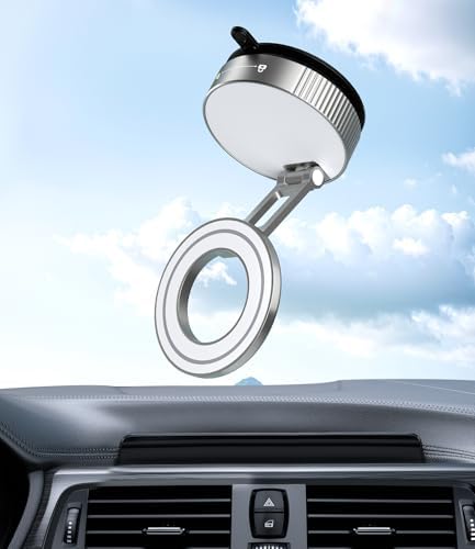 CloudValley Magnetic Car Phone Holder – Vacuum Suction Cup Phone Mount 360° Adjustable, Durable Metal Stand for iPhone & Android, Portable Magnetic Holder for Dashboard/Windshield/Gym Mirror (Silver) – Enhanced Compatibility and Speed