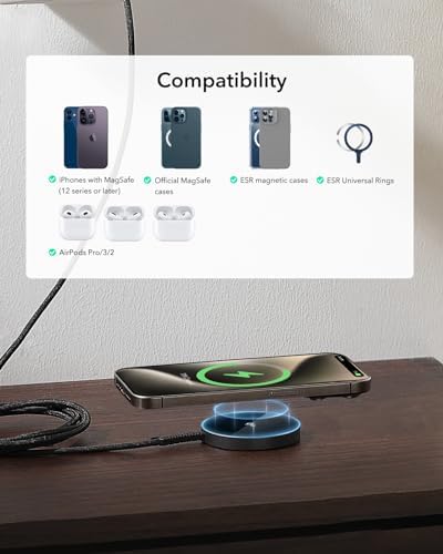 Power Up Your Devices Effortlessly with the ESR Mag Safe Wireless Charger – 15 W Fast Charging Pad with Kickstand for i Phone 15/14/13/12 and Air Pods, Qi2 Certified for Enhanced Compatibility, Includes Type-C Cable, Sleek Black Design for Modern Tech Integration