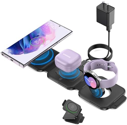 Portable Wireless Charging Station for Samsung Devices, Compact Foldable Charger for S25 Ultra/S24/Z Flip 6/5, Multi-Device Support for Galaxy Watch 8/7 & Buds Pro3/2 – Efficient Fast Charging Solution in Sleek White Design for Travelers and Professionals
