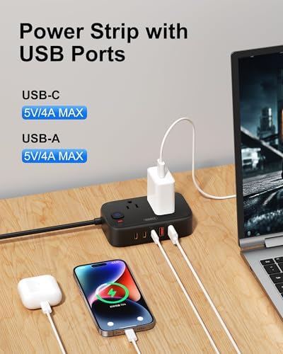 Cruise-Approved Travel Power Strip – 5 USB Ports (Including 2 USB-C) and 2 Outlets for Efficient Multi-Device Charging, 40 W Compact Travel Charger with 5 Ft Flat Plug Extension Cord, Eco-Friendly Green Design for Hassle-Free Connectivity on the Go
