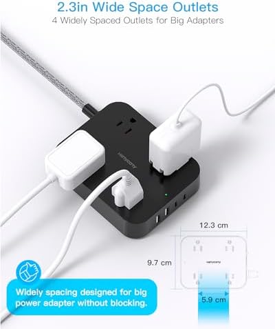 HANYCONY 10 Ft Ultra Thin Flat Extension Cord with 4 AC Outlets & 4 USB Ports (2 USB-C) – Wall-Mountable Power Strip & Desk Charging Station for Seamless Office, Dorm, and Travel Connectivity – Superior Surge Protection & Space-Saving Design