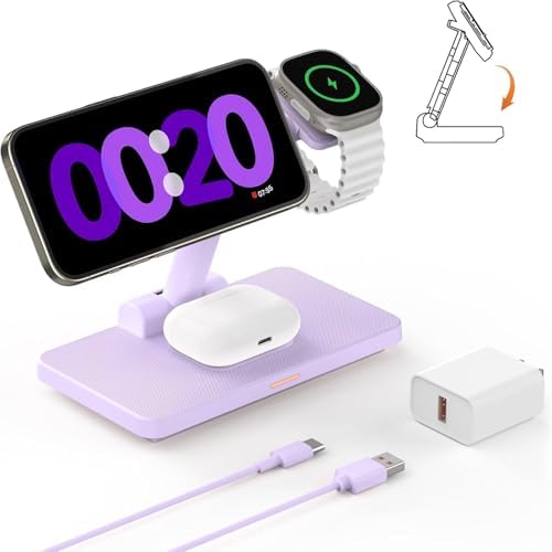 Joy Geek 3-in-1 Foldable Wireless Charging Station for Mag-Safe i Phone – Ultimate Travel Dock for i Phone 12-16 Pro Max, Apple Watch Series 4-10, and Air Pods Pro 2/3/4 – Fast, Compact, and Convenient Power Solution for On-the-Go Charging
