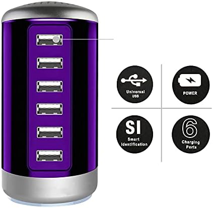 Power Up in Style: Universal 6-Port USB Charging Hub with Smart Identification Technology for i Phone, i Pad, and More – Compact, Fast Charging Station in Elegant Purple Finish for Home and Office Use