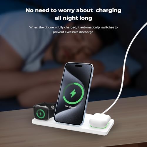 3-in-1 Wireless Charging Station for i Phone, Apple Watch & Air Pods – Fast Charge Capability for i Phone 15/14/13/12 Pro/Max/Mini/Plus, Compatible with Apple Watch 8/7/6/SE/5/4/3/2 & Air Pods 3/2/Pro – Sleek Black Design with Adapter for Effortless Device Management